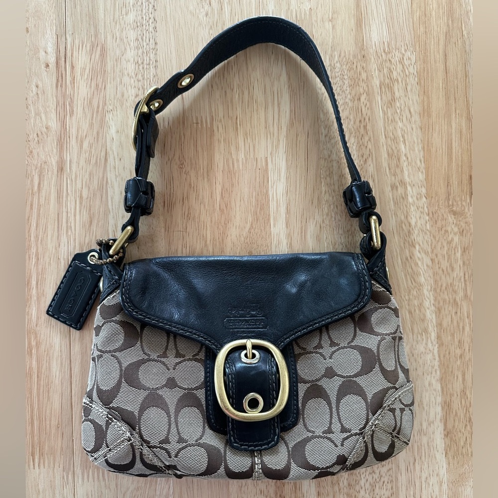 Coach Black and Tan Signature Buckle Shoulder Bag